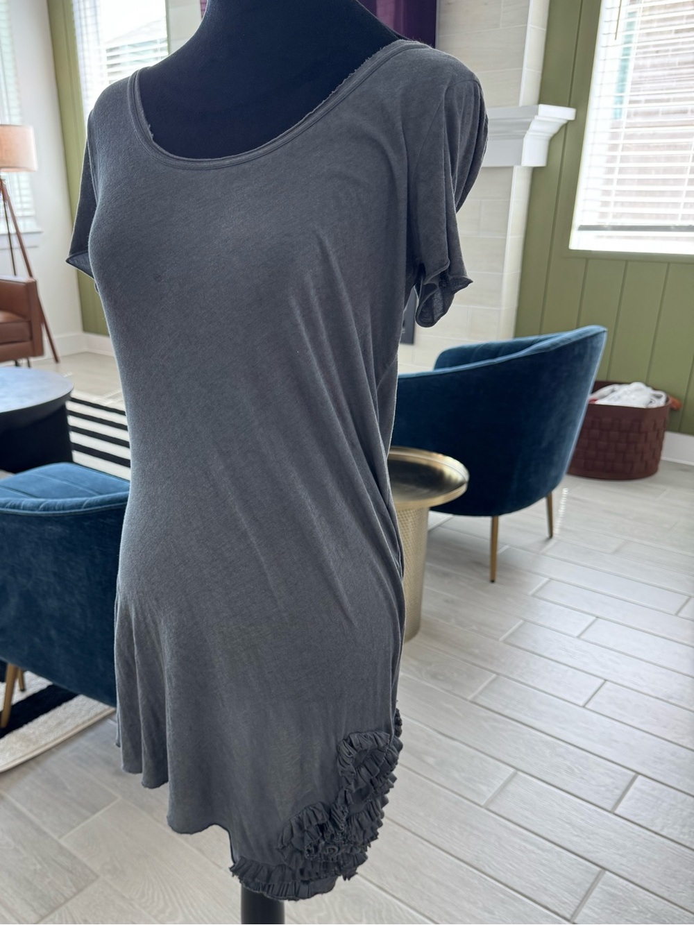 RUNDHOLZ BLACK LABEL Gray Distressed Ruffle Detail Fitted T Shirt Dress Tunic